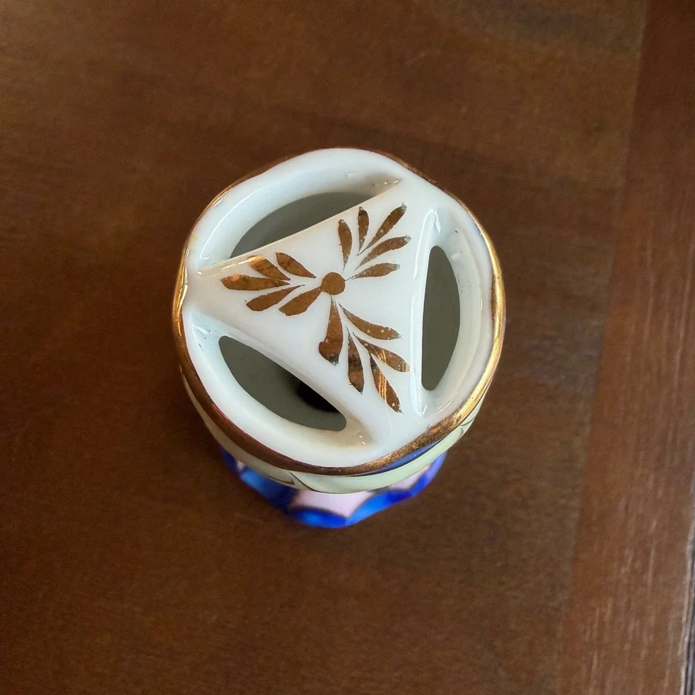 Vintage Hand Painted Nippon Floral Porcelain Hatpin Holder Cobalt Blue Gold Trim